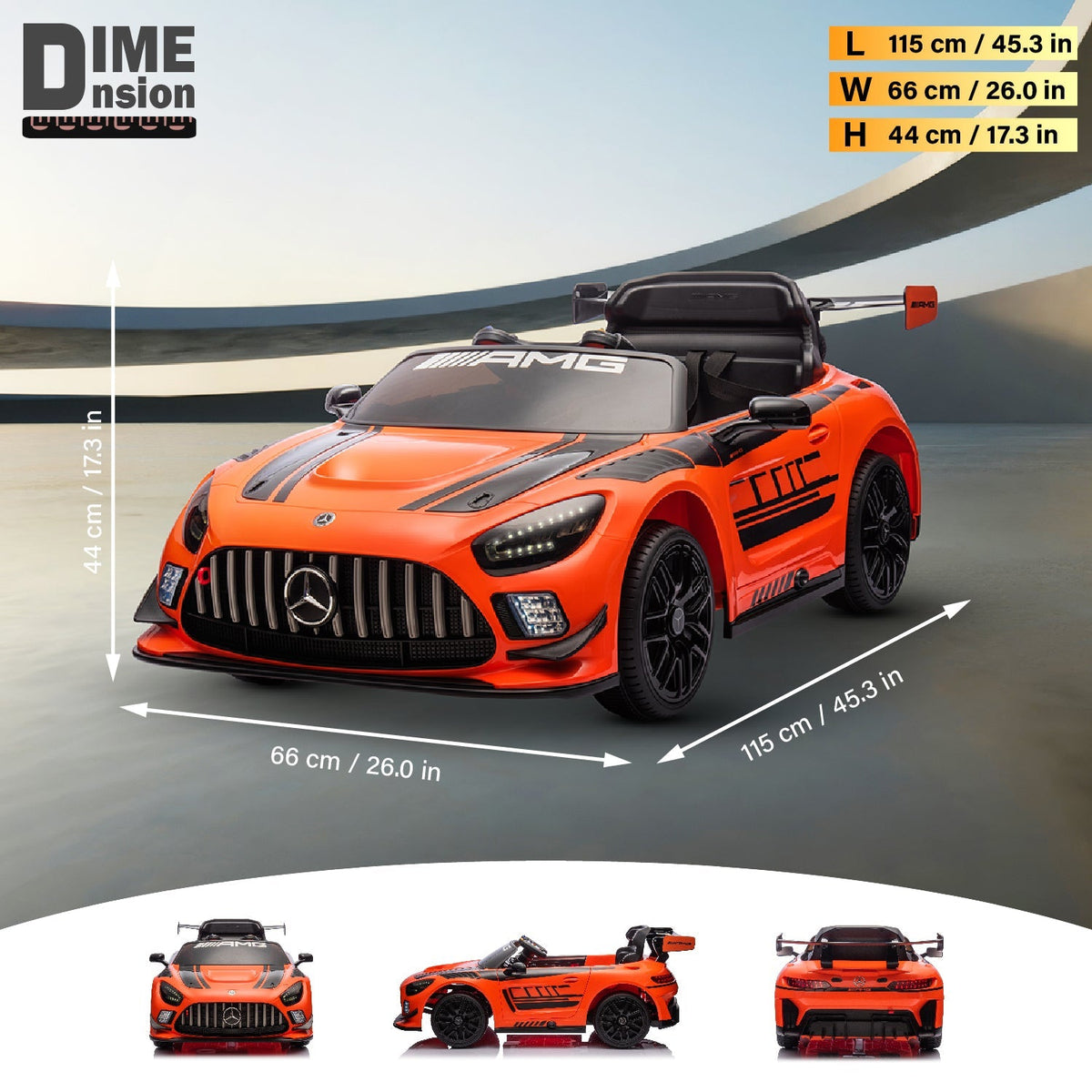 Close-up of AMG front grille and logo on ride-on car