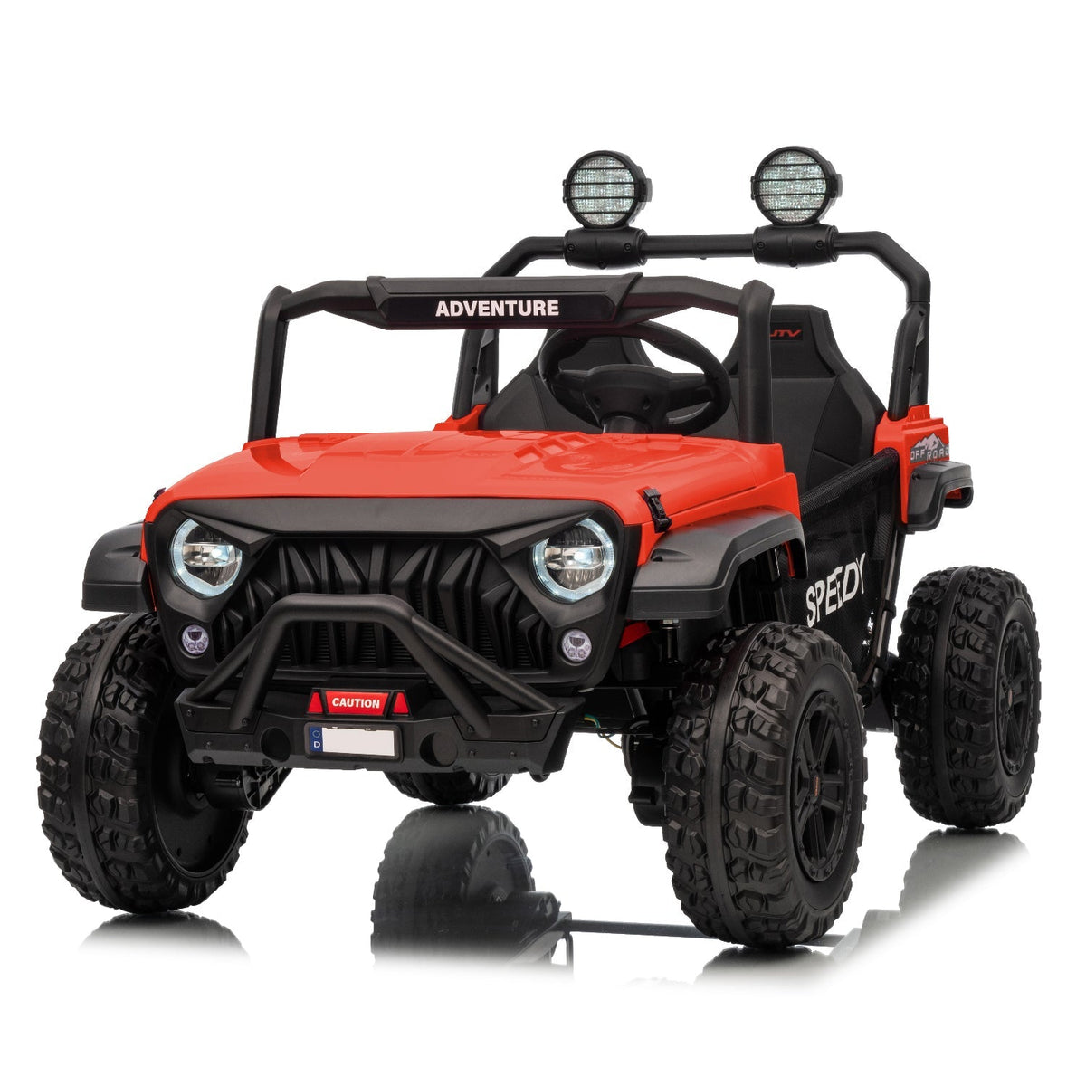 24V UTV ride-on for kids with jeep-style exterior and LED headlights