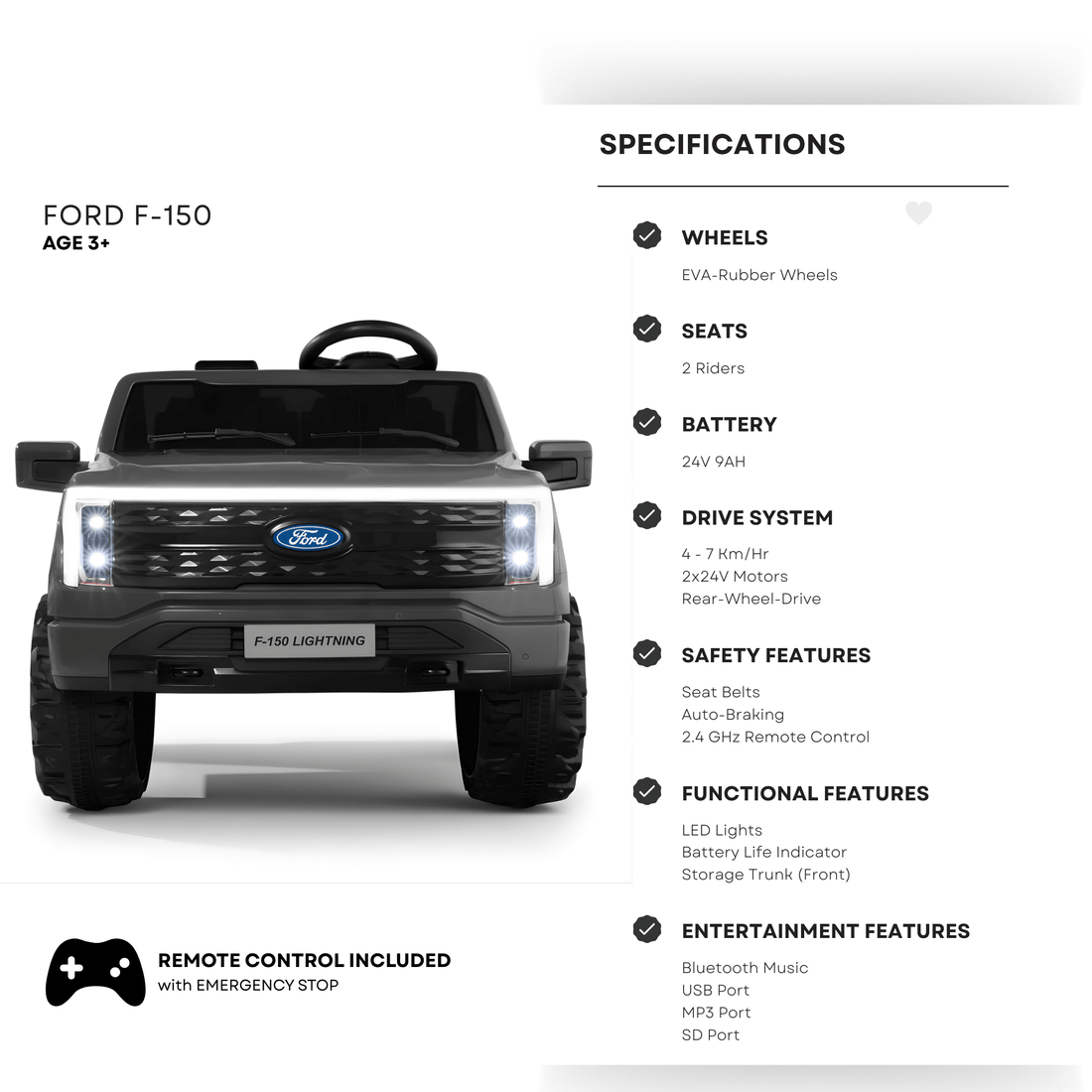 Ford Kids 2-Seater Lighting Edition F-150 Ride-On Truck Black