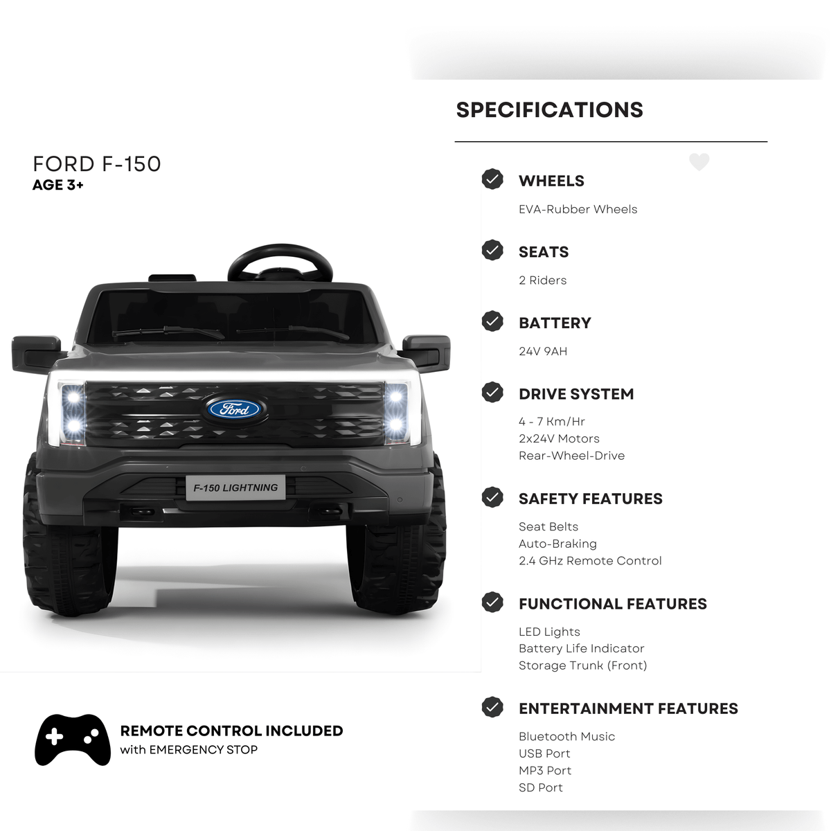 Ford Kids 2-Seater Lighting Edition F-150 Ride-On Truck Black