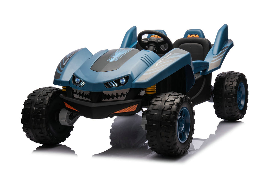 Dune Racer Shark Attack Edition 24V 4x4 Ride-On Car – 2-Seater Kids Electric Dune Buggy with Rubber Wheels, Leather Seats, and Metal Chassis