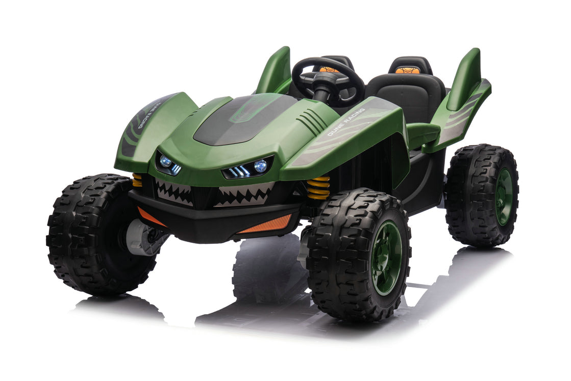 Dune Racer Shark Attack Edition 24V 4x4 Ride-On Car – 2-Seater Kids Electric Dune Buggy with Rubber Wheels, Leather Seats, and Metal Chassis