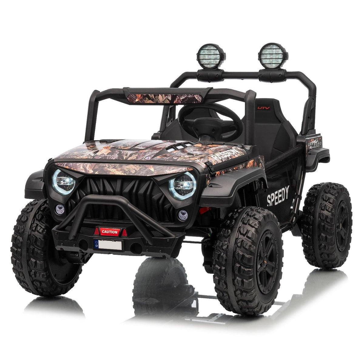Children's off-road vehicle with camouflage pattern on a white background