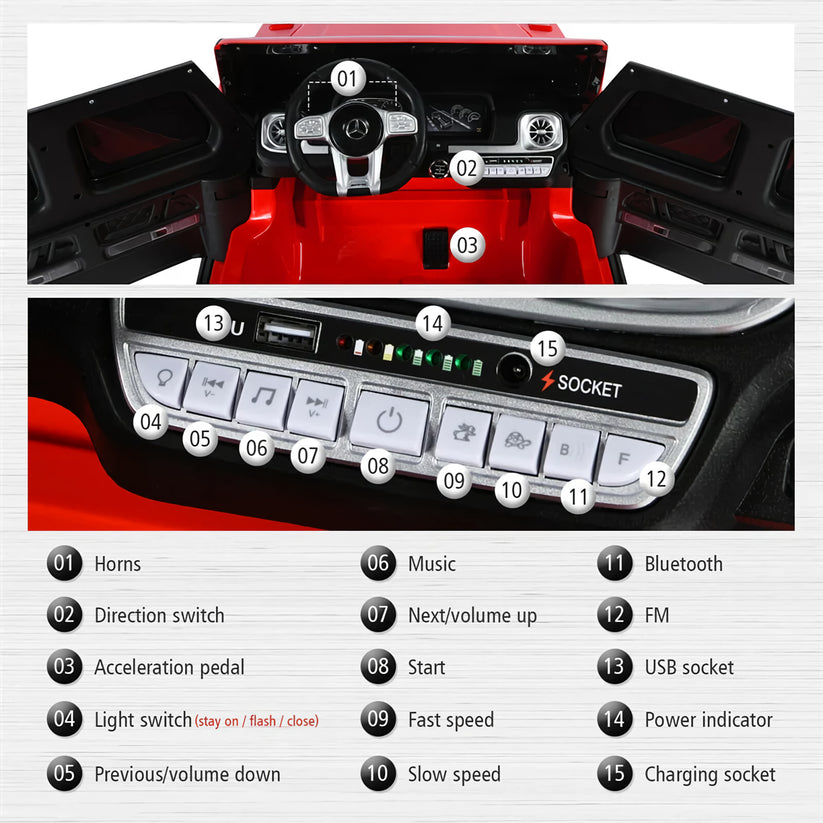 Licensed Mercedes-Benz AMG G63 G-Wagon 24V 4x4 Deluxe Two Seater Kids Ride-On Car with Leather Seat and Rubber Wheels, Red