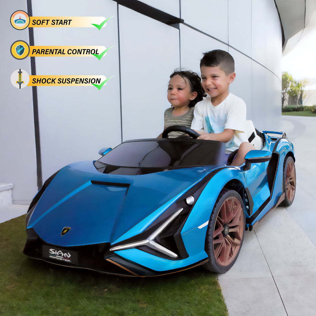 Lamborghini SIAN 24V 2 Seater Ride on Car for Kids with 4WD, Parental Remote Control, EVA Wheels, Leather Seat