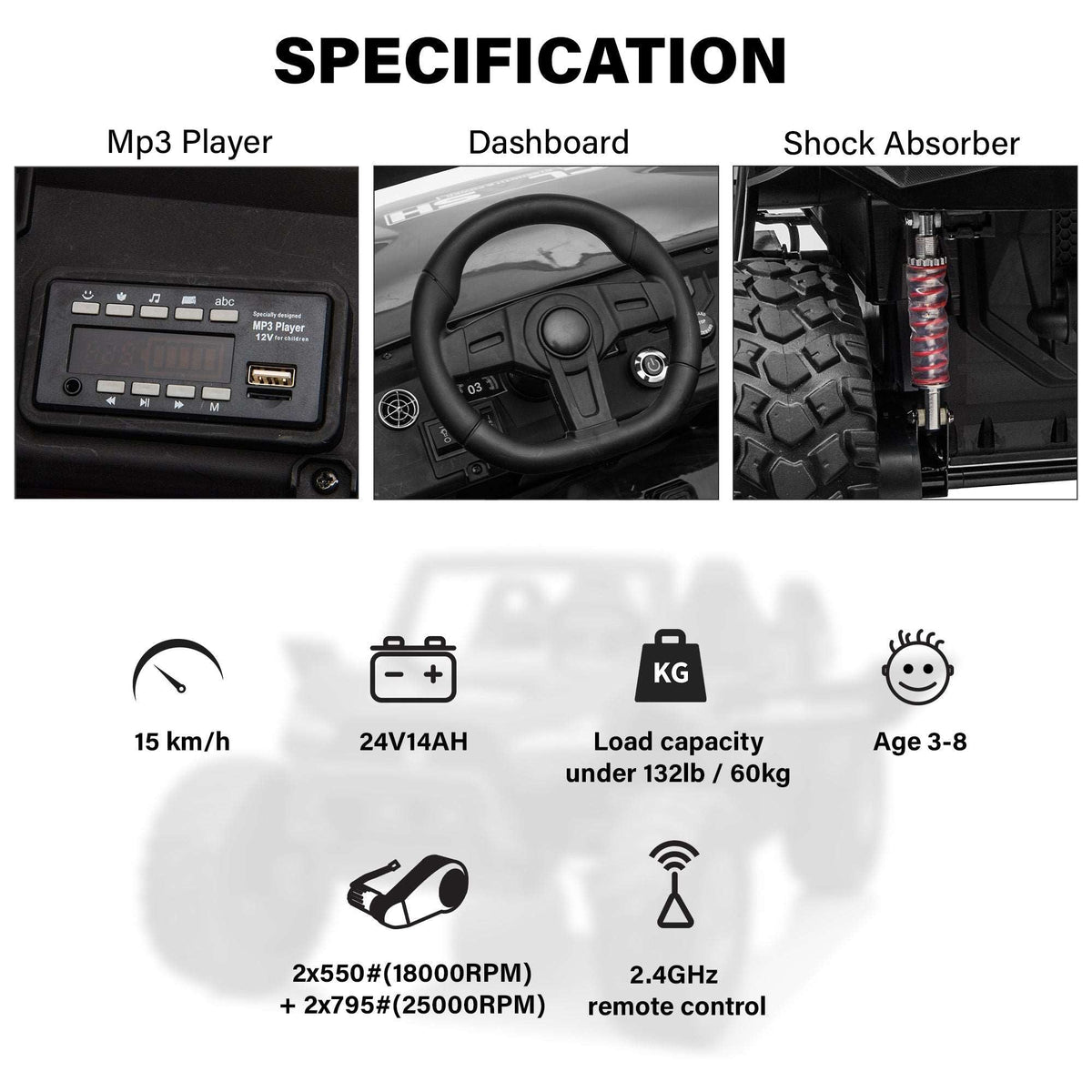 High Speed 24V Dune Buggy Up To 15 km/h Off-Road UTV Limited Edition Black with Remote Control and Rubber Tires
