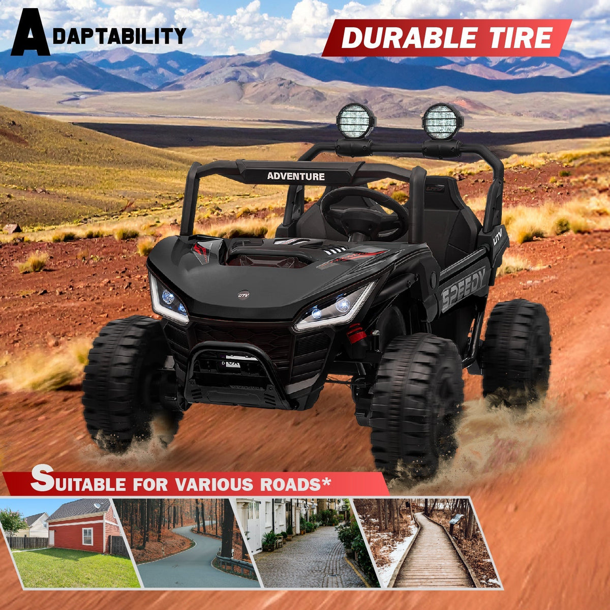 Black off-road vehicle on a dirt road with text about adaptability and durable tires.