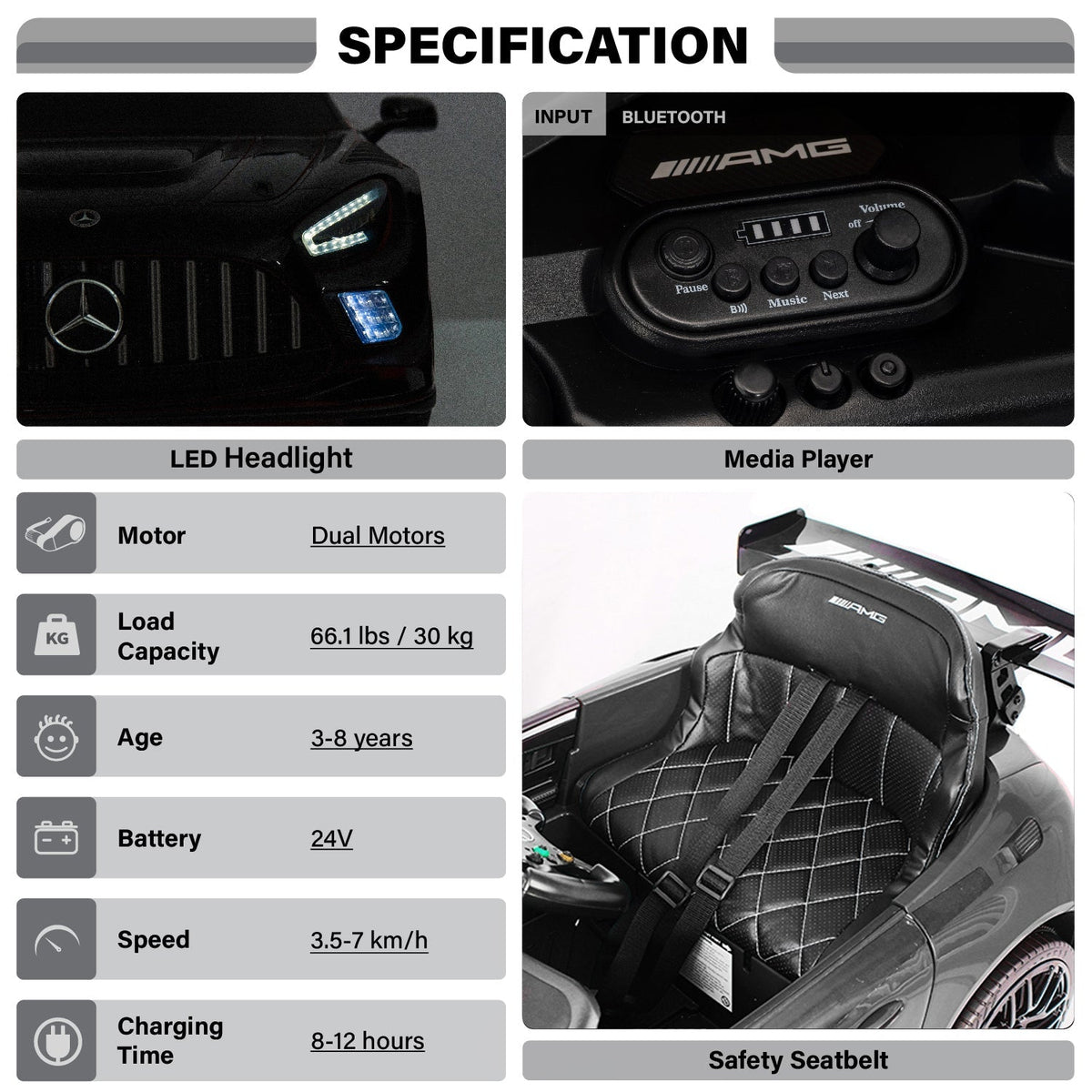 Specification table for a Mercedes-Benz toy car with various features listed.
