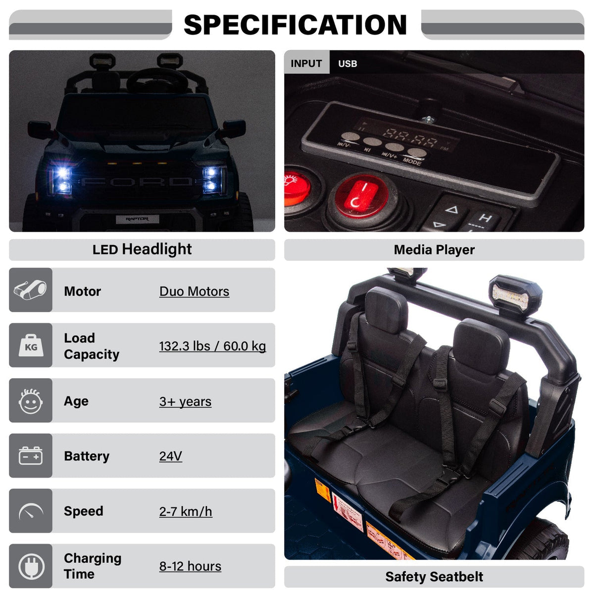 Ford F-150 Raptor 24V 2 Seater Ride-On Truck for Kids With Parental Control