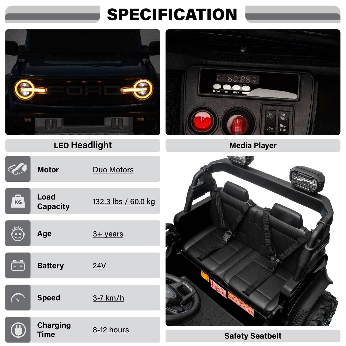 Ford Bronco Raptor 24V 2-Seater Electric Ride-On Car – Parental Remote