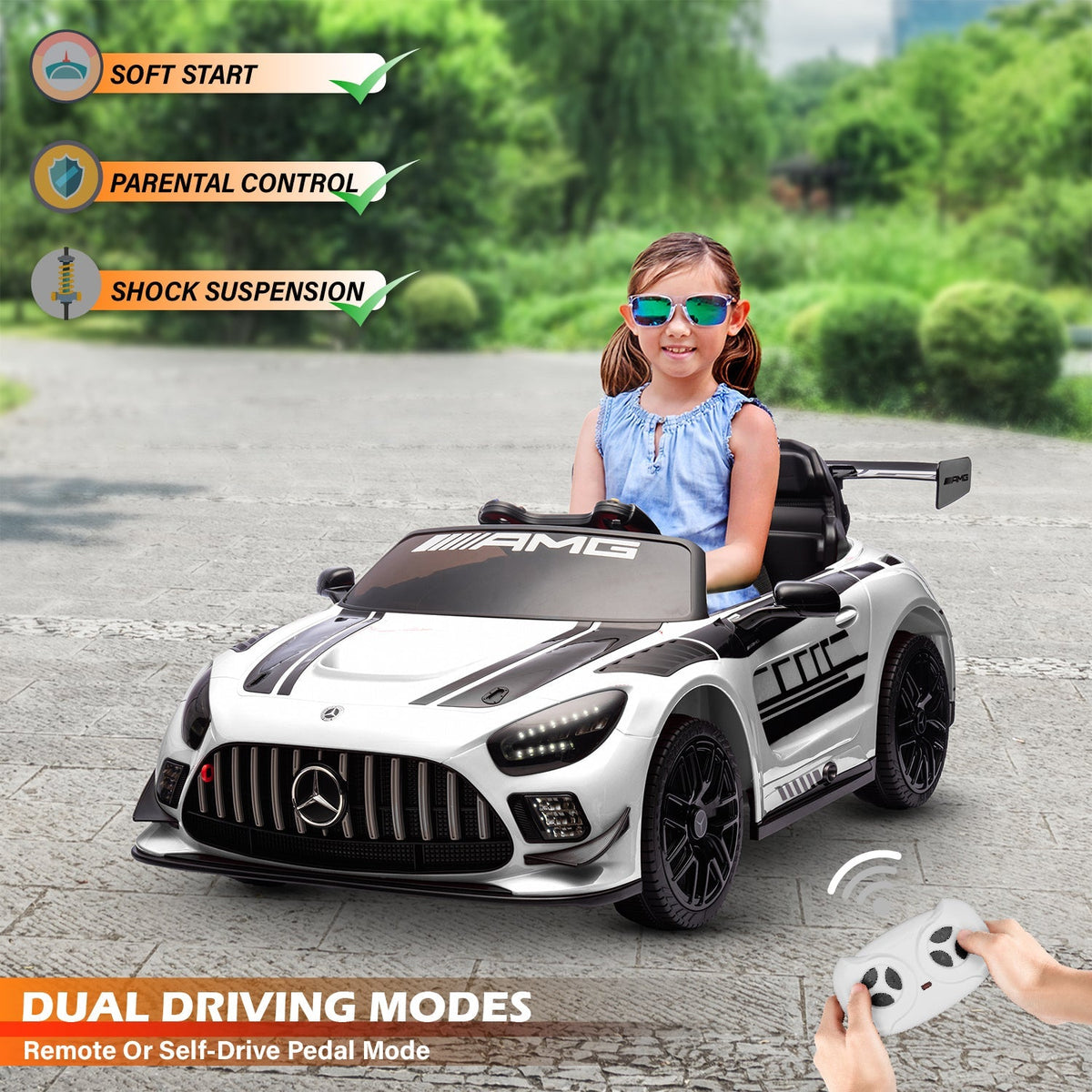 Parent using remote control for children's ride-on car