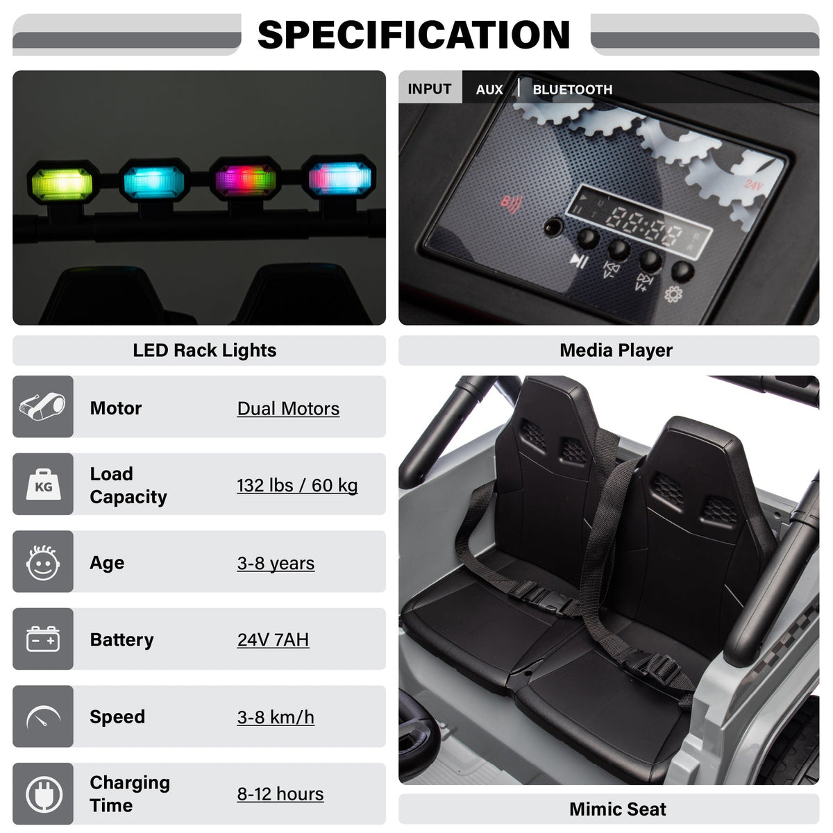 Voltz Toys 24V 2-Seater HVAOC Truck Ride-On Car Toy for Kids, Open Doors, LED Lights, 2.4G Remote Control and MP3 Player, Battery Powered Electric Vehicle Kids