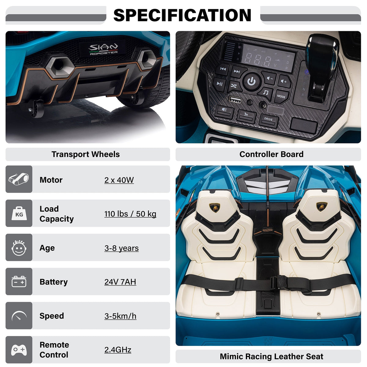 Lamborghini SIAN 24V 2 Seater Ride on Car for Kids with 4WD, Parental Remote Control, EVA Wheels, Leather Seat