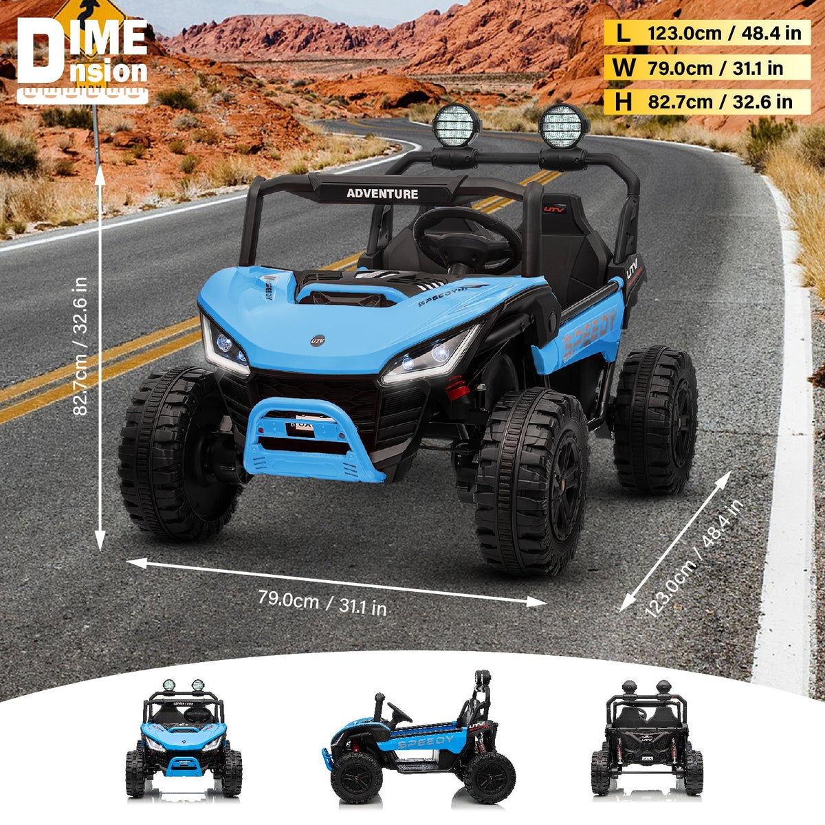 Ride-on toy car with USB music player and interactive dashboard